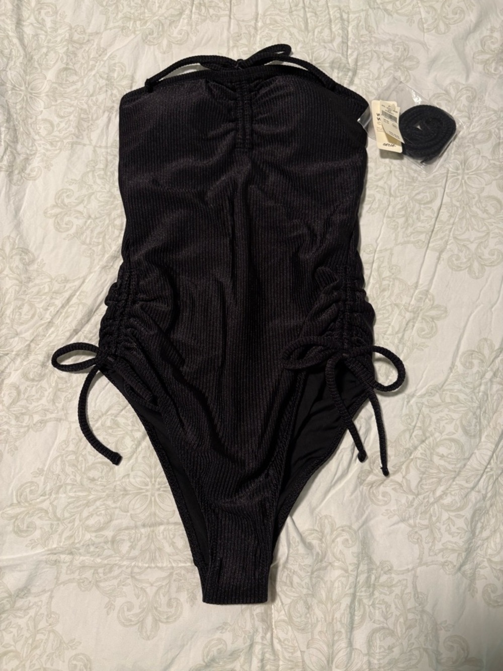 Cheeky XS Black Ribbed One-Piece Swimsuit with Side Ties, Aerie, NWT